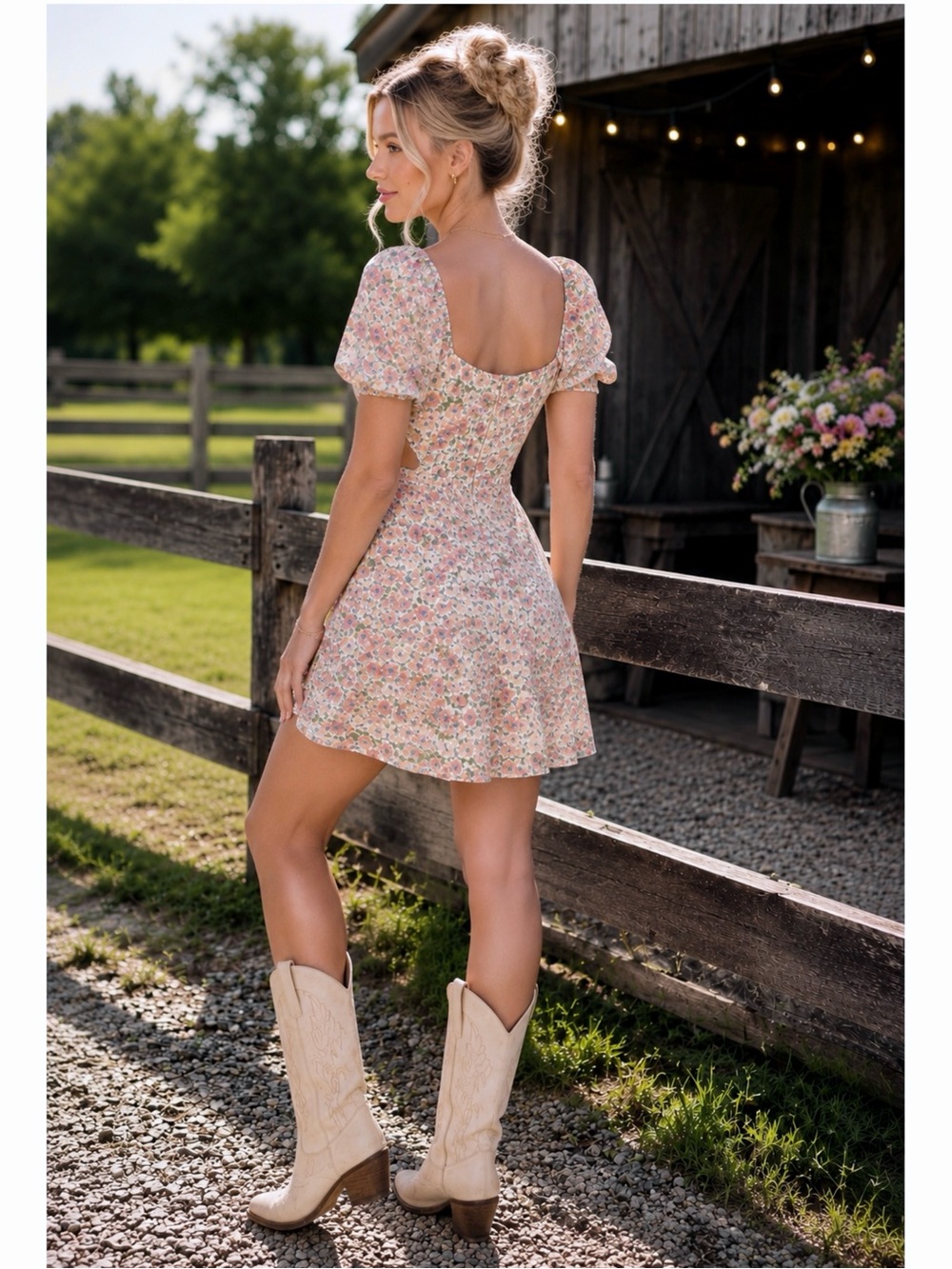 Lumiere Sage Banana Floral Cutout Puff Sleeve Mini Dress Cottagecore Party s/m/L - Picture 4 of 9